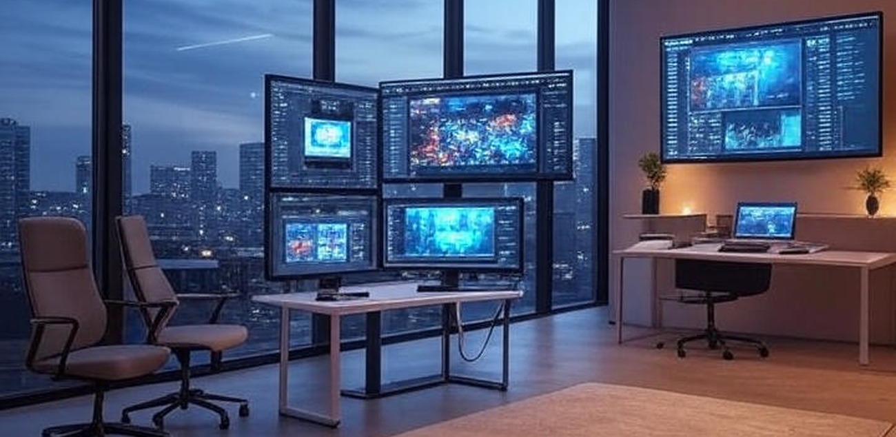 Control room with multi-monitor AI editing dashboards